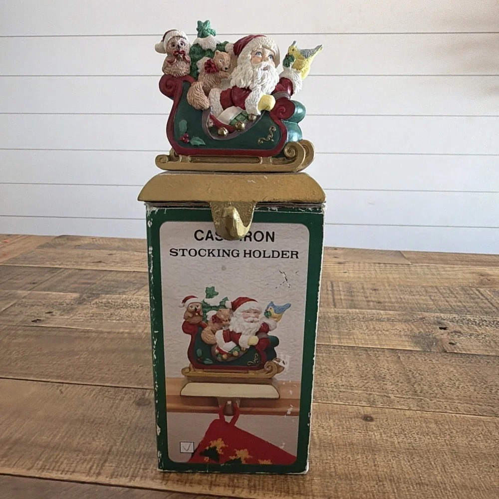 Cast Iron Base Santa On Sleigh With Birds Christmas Stocking Holder Vintage
